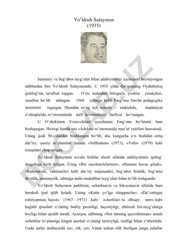 Yo'ldosh Sulaymon hayoti va ijodi