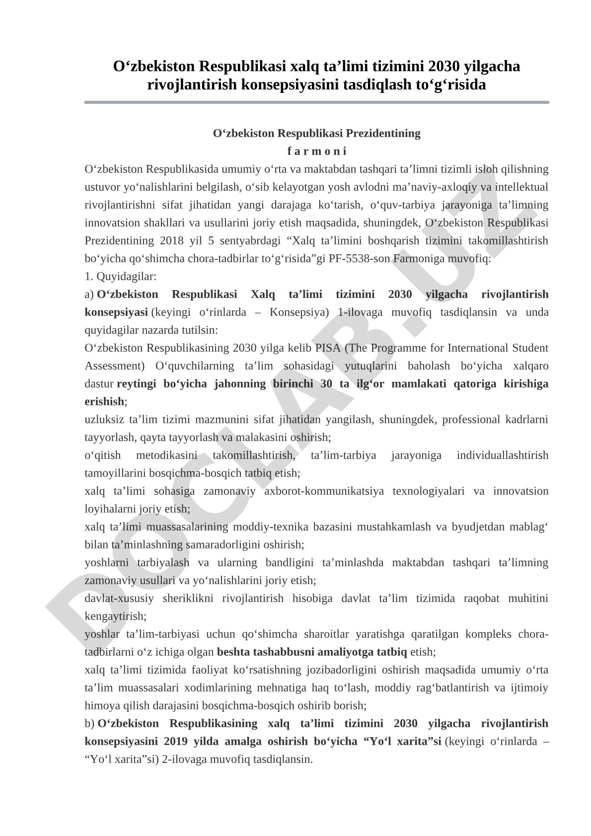 Oʻzbekiston Respublikasi xalq taʼlimi tizimini 2030 yilgacha rivojlantirish konsepsiyasi