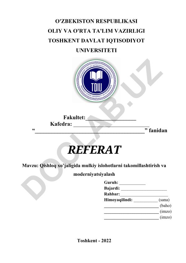 Qishloq xo'jaligida mulkiy islohotlarni takomillashtirish va moderniyatsiyalash