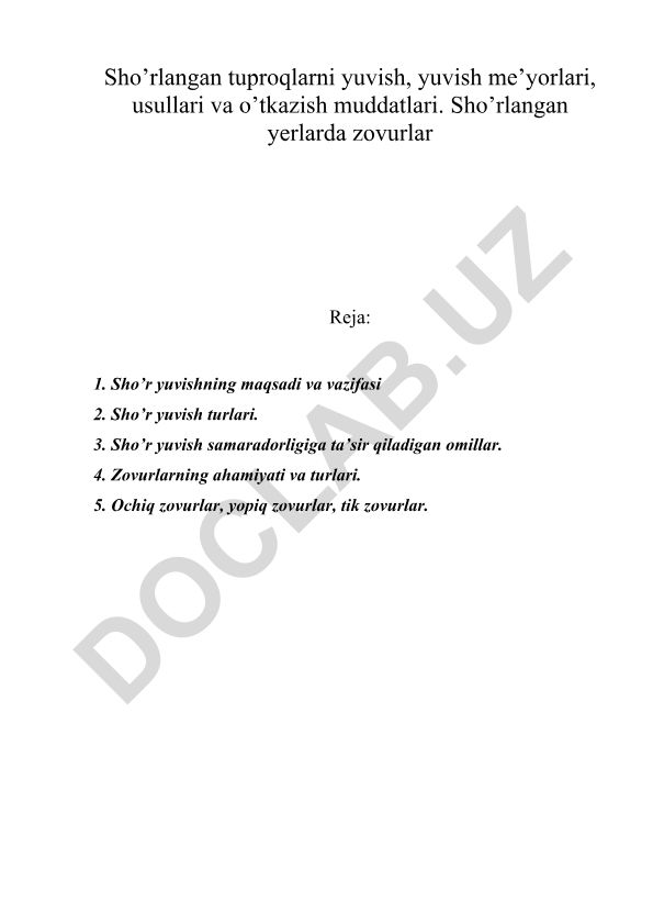 Sho’rlangan tuproqlarni yuvish, yuvish me’yorlari, usullari va o’tkazish muddatlari