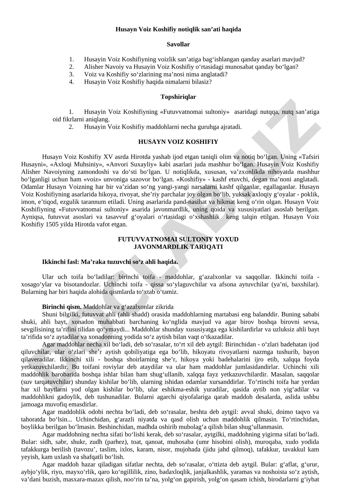 Husayn Voiz Koshifiy notiqlik san'ati haqida savollar