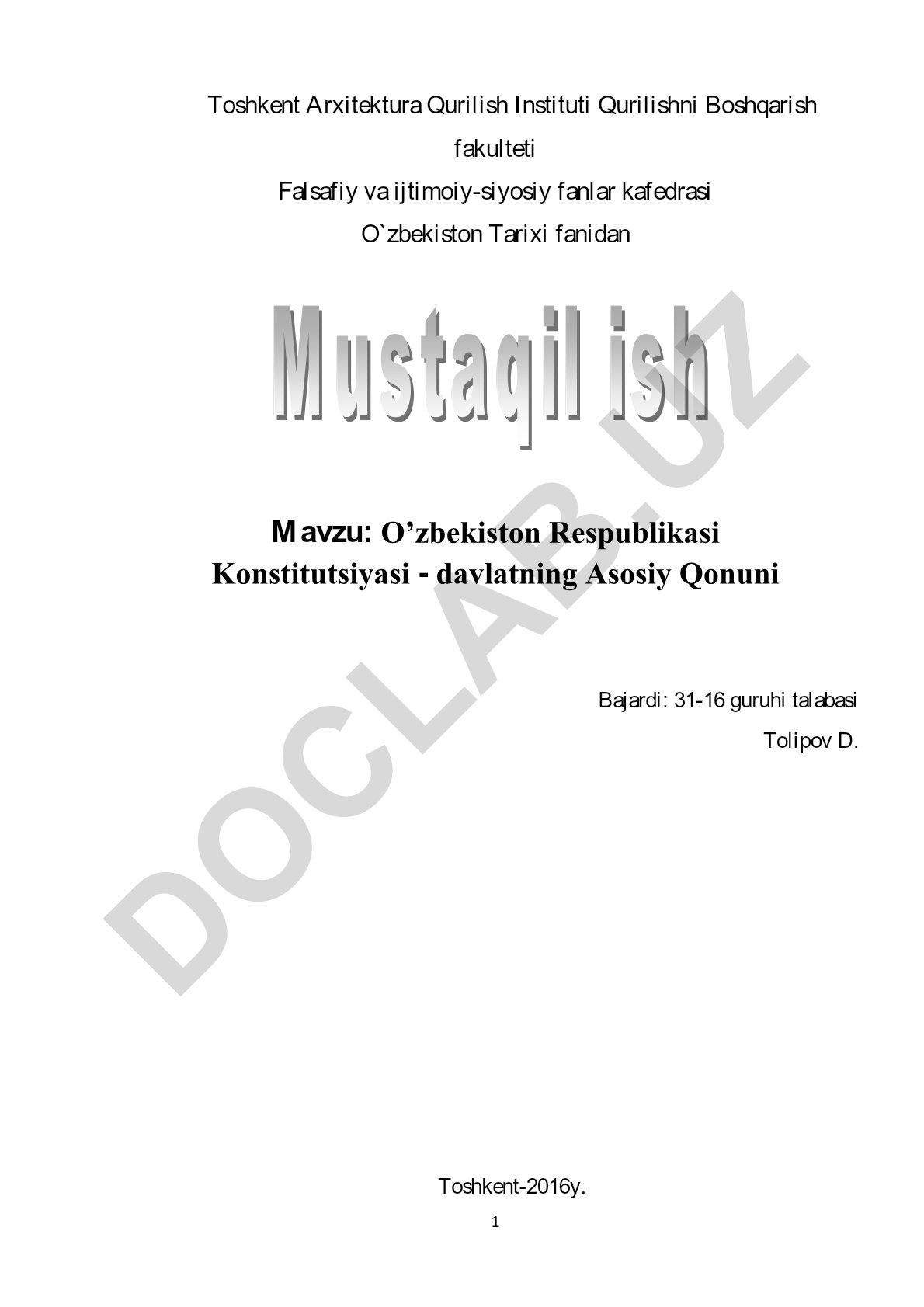 O'zbekiston Respublikasi Konstitutsiyasi - davlatning Asosiy Qonuni