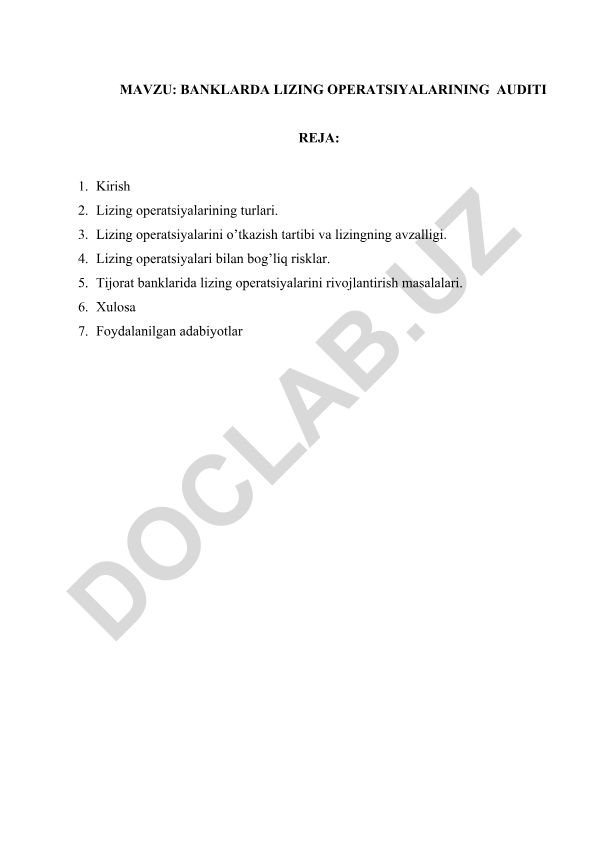 Banklarda lizing operatsiyalarining auditi