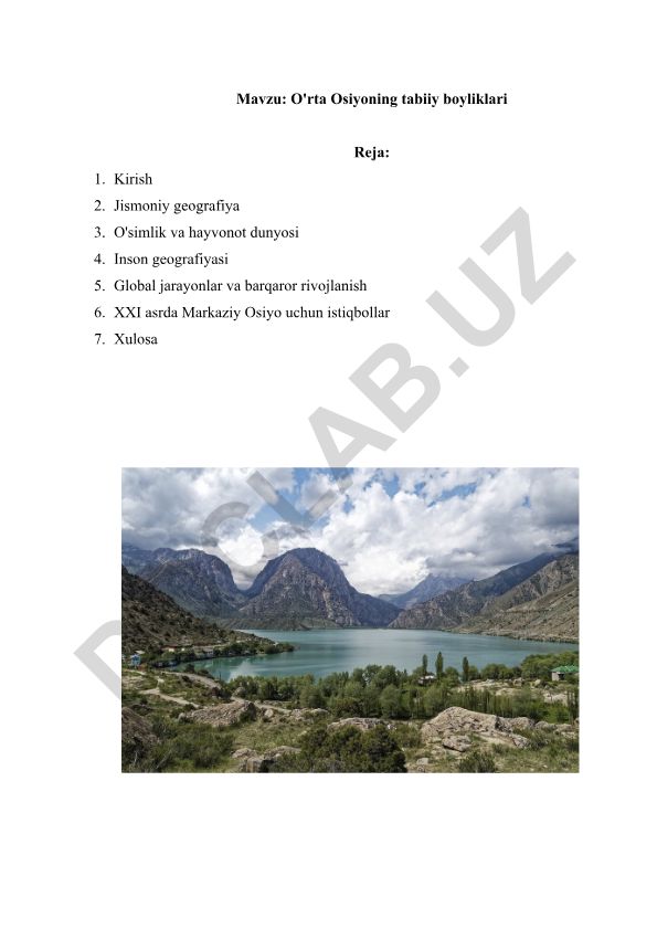O'rta Osiyoning tabiiy boyliklari