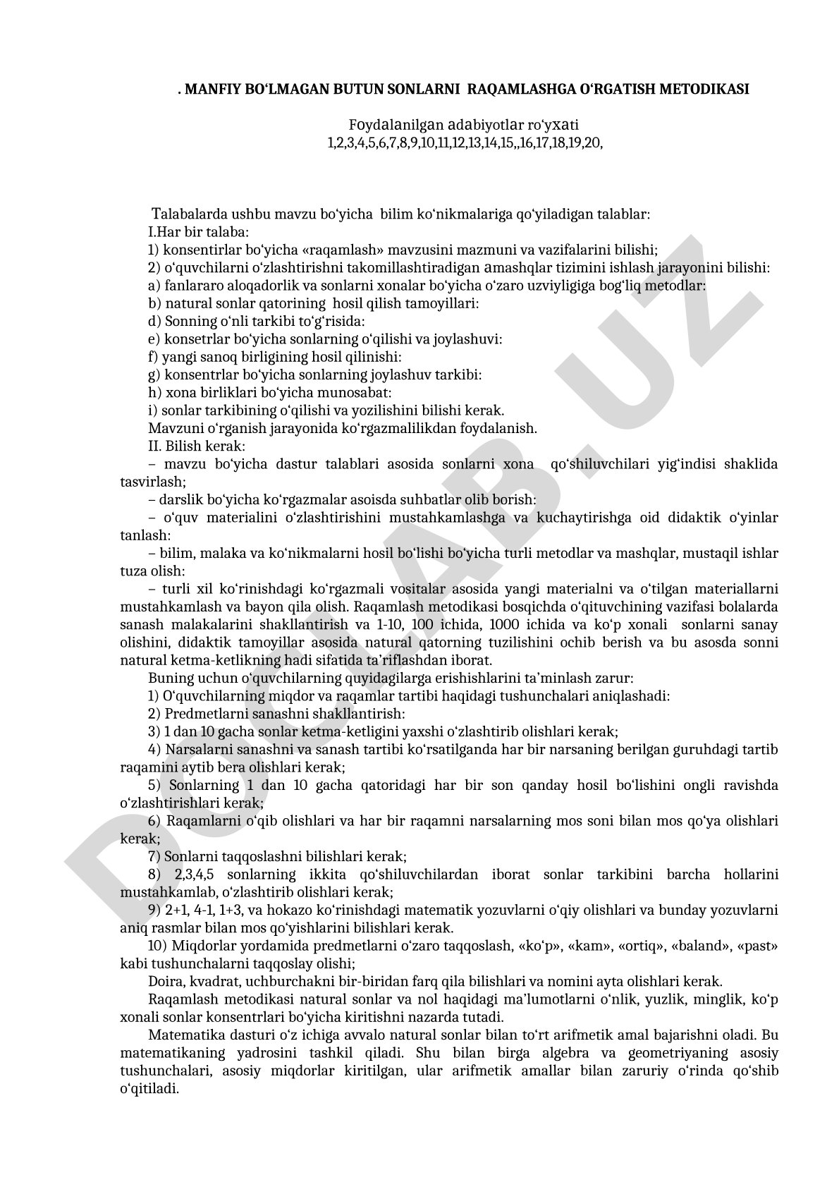 Manfiy bo‘lmagan butun sonlarni raqamlashga o‘rgatish metodikasi