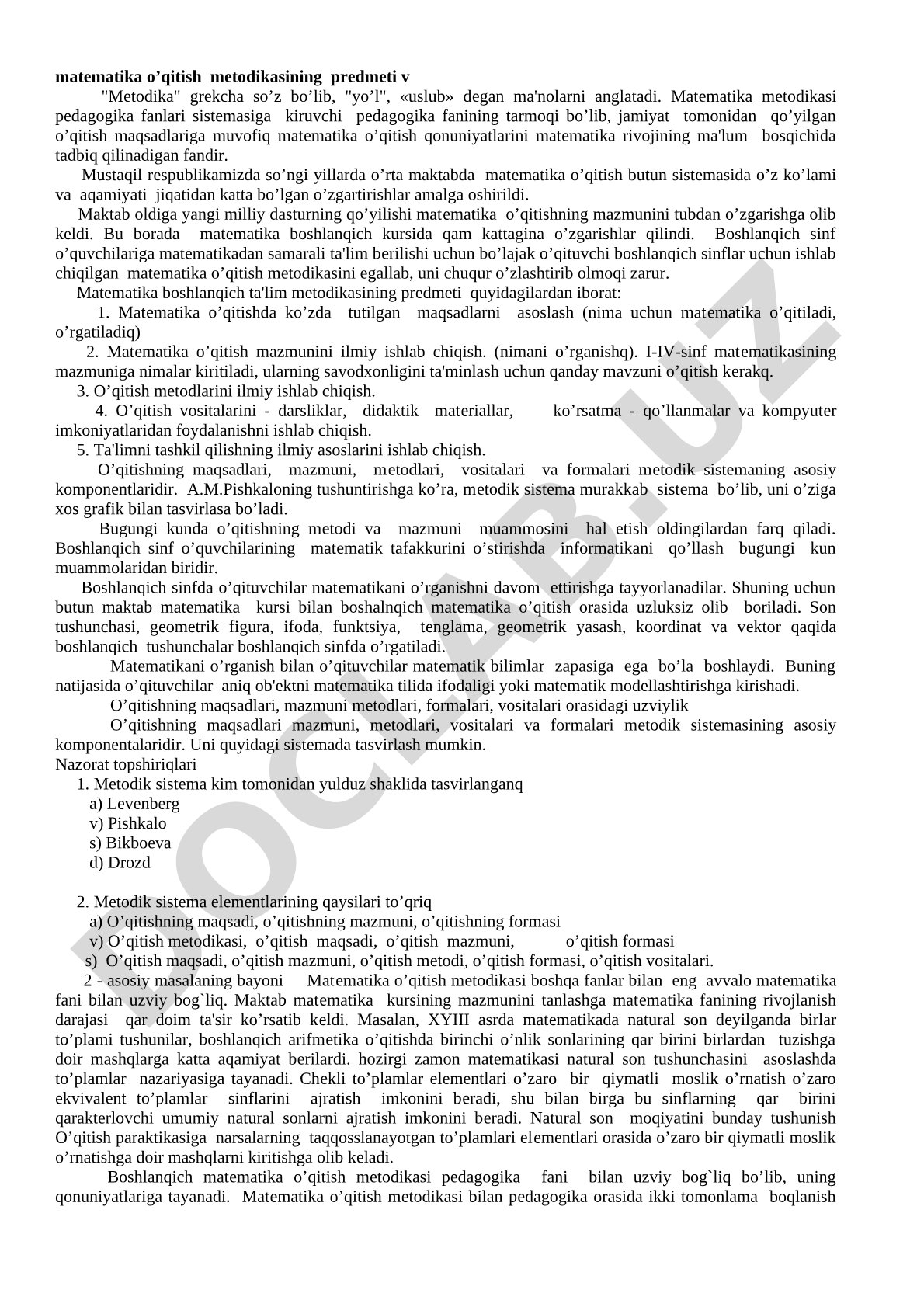 Matematika o'qitish metodikasining predmeti va mazmuni