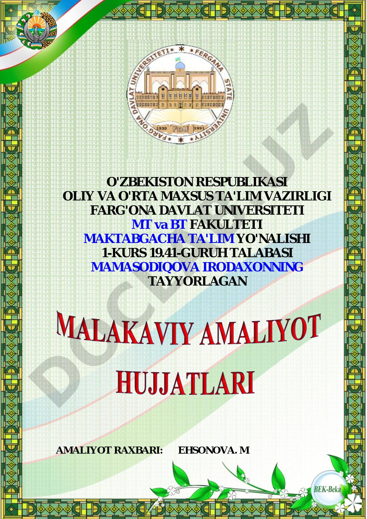 Maktabgacha ta'lim yo'nalishi amaliyot ishi