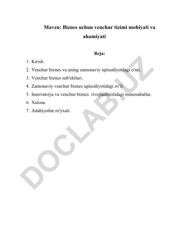Biznes uchun venchur tizimi mohiyati va ahamiyati