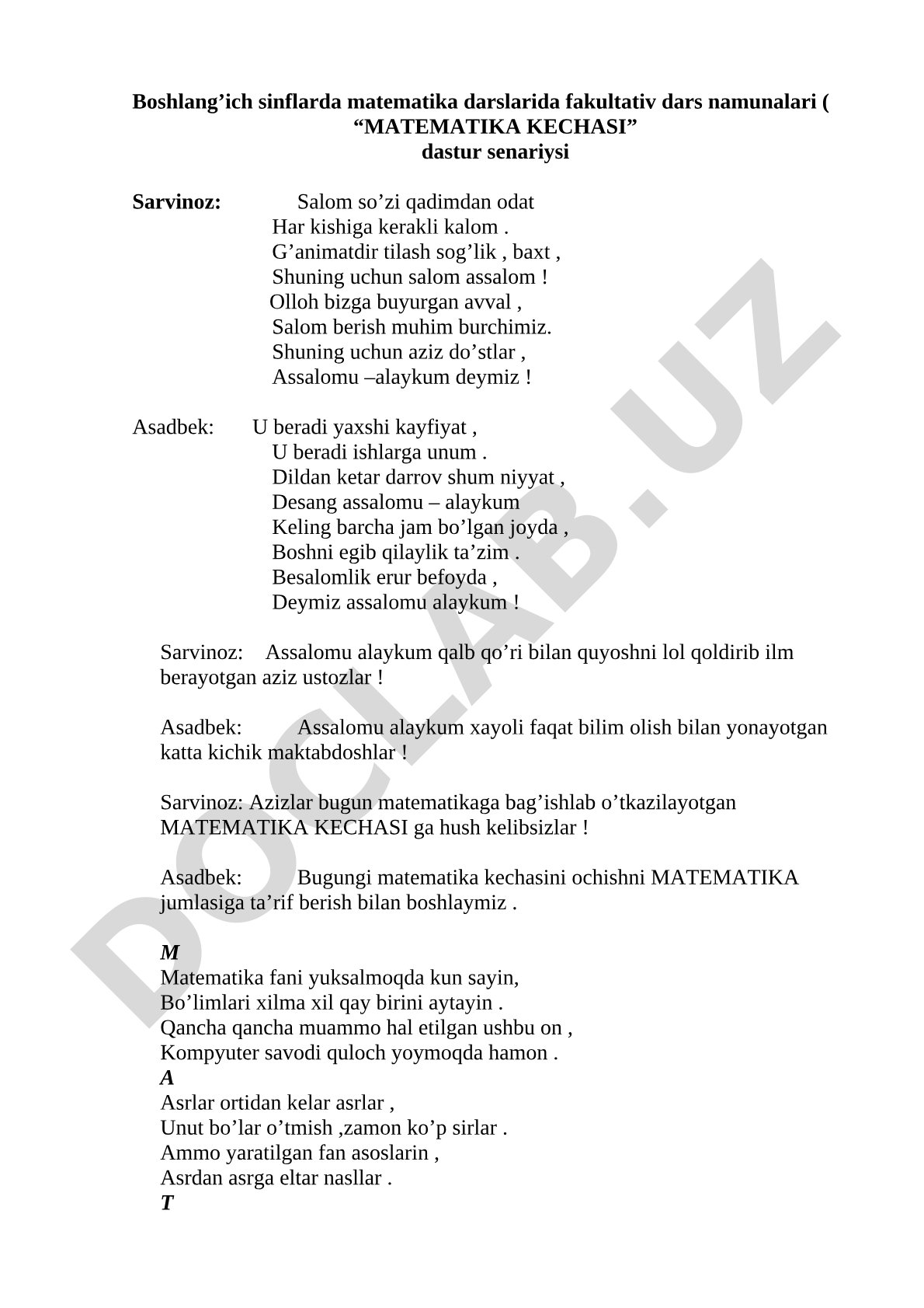 Boshlang'ich sinflarda matematika darslarida fakultativ dars namunalari