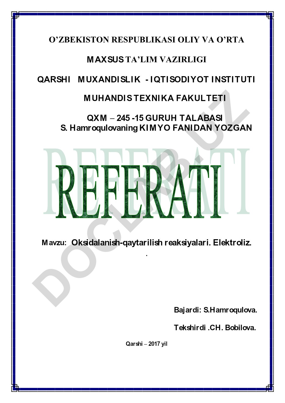 Oksidalanish-qaytarilish reaksiyalari va elektroliz