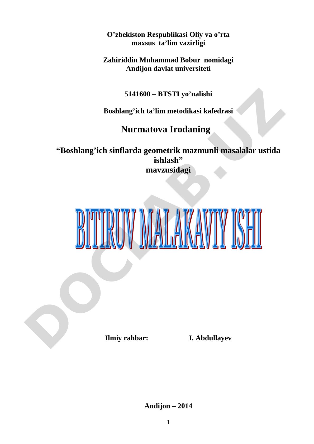 Boshlang'ich sinflarda geometrik mazmunli masalalar ustida ishlash