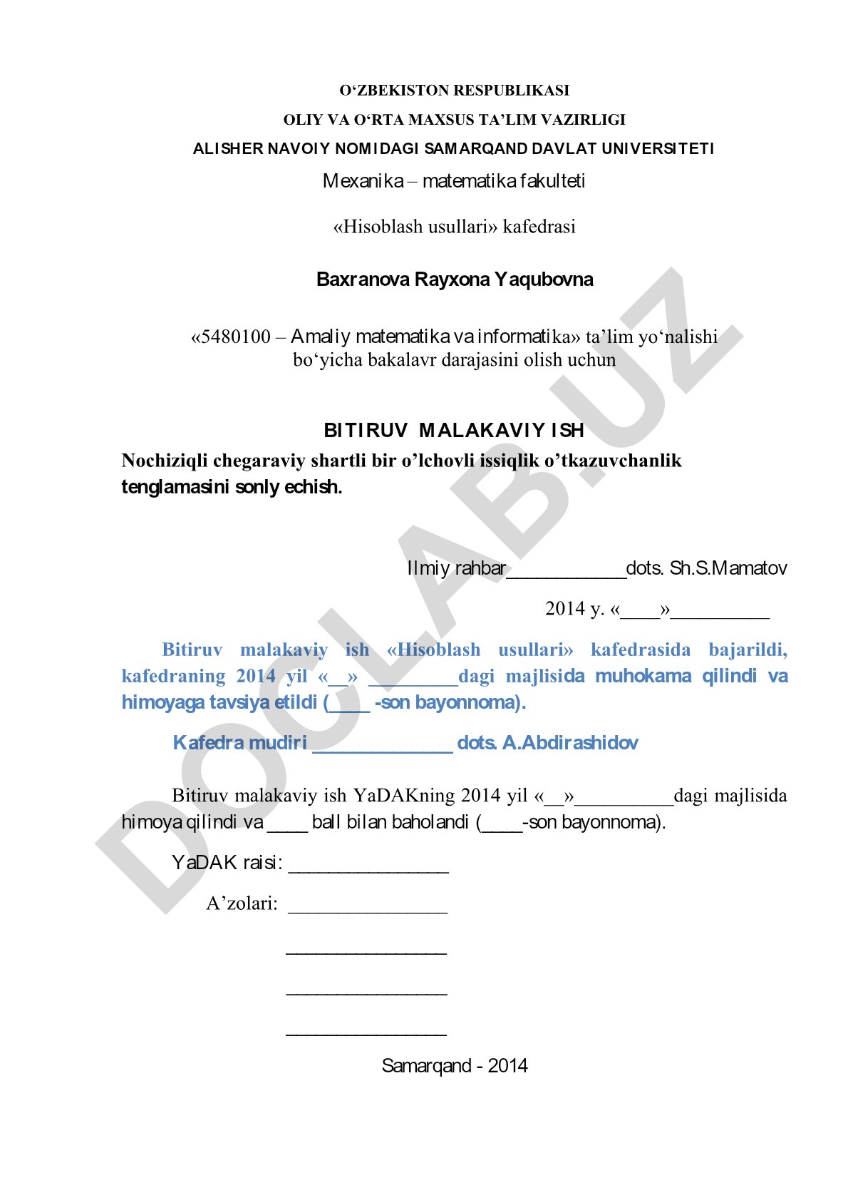 Nochiziqli chegaraviy shartli bir o'lchovli issiqlik o'tkazuvchanlik tenglamasini sonli echish