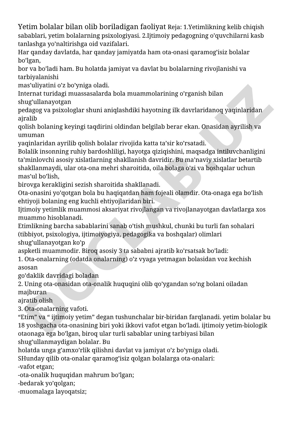 Yetim bolalar bilan olib boriladigan faoliyat