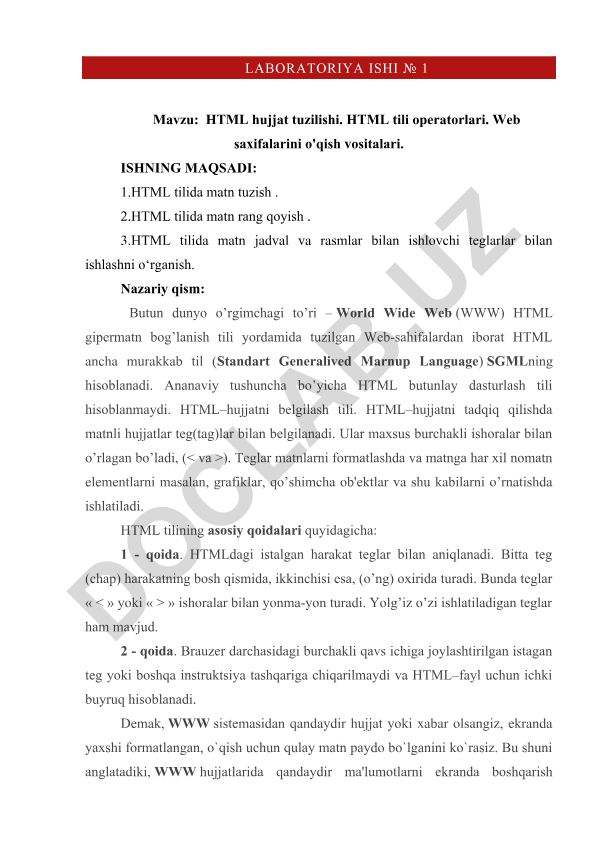 HTML hujjat tuzilishi va operatorlari