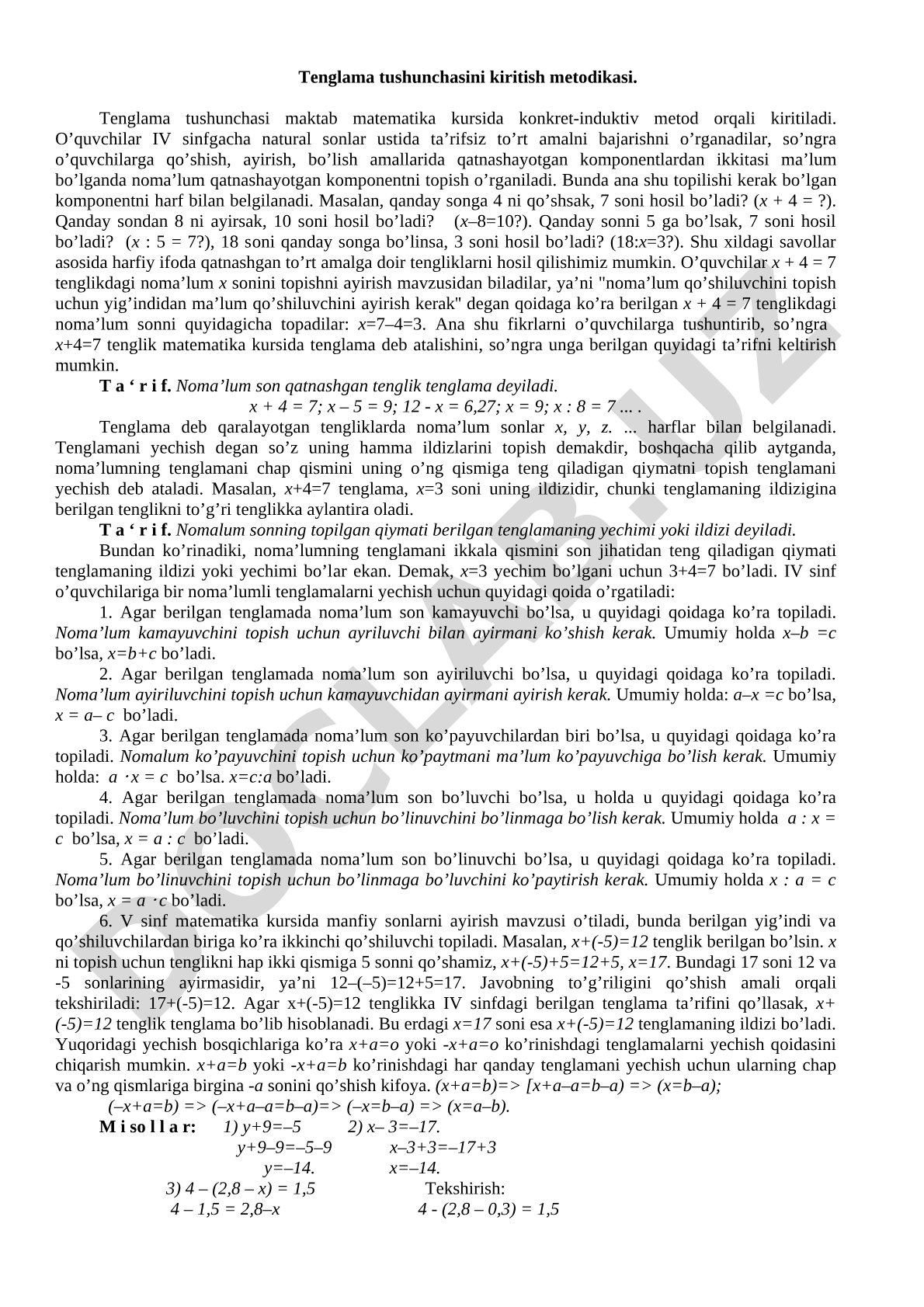 Tenglama tushunchasini kiritish metodikasi