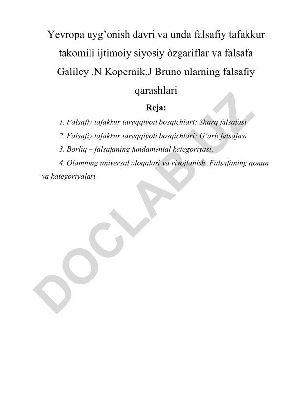 Yevropa uyg'onish davri falsafiy tafakkur takomili va falsafaning fundamental kategoriyalari