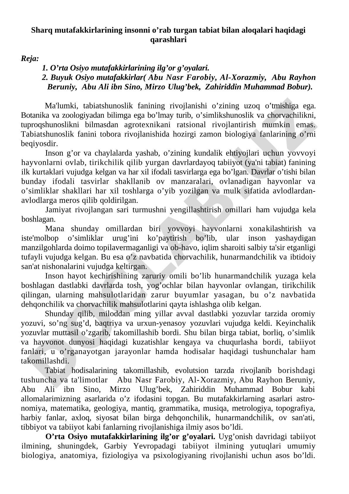 Sharq mutafakkirlarining insonni o'rab turgan tabiat bilan aloqalari haqidagi qarashlari