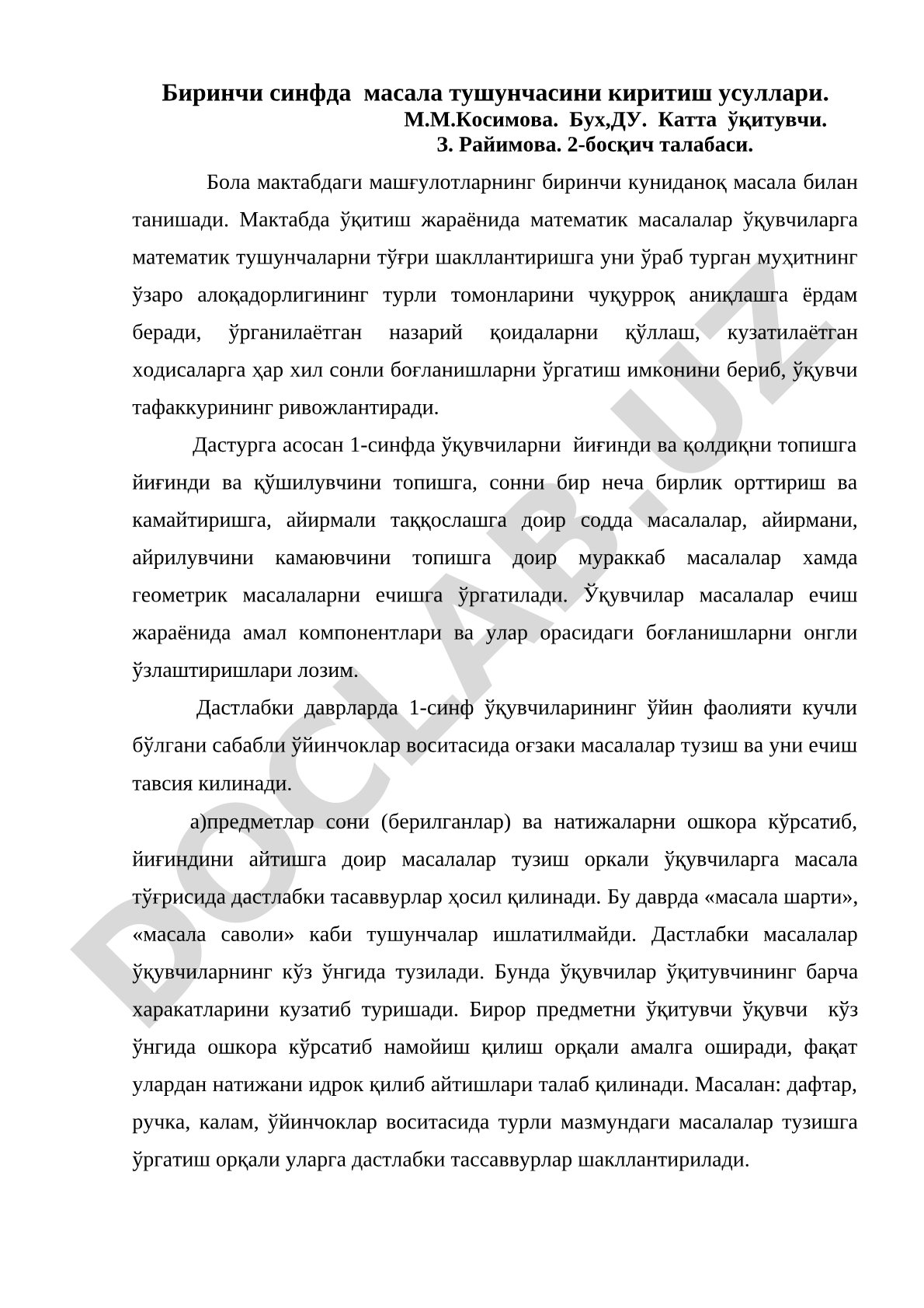 Биринчи синфда масала тушунчасини киритиш усуллари