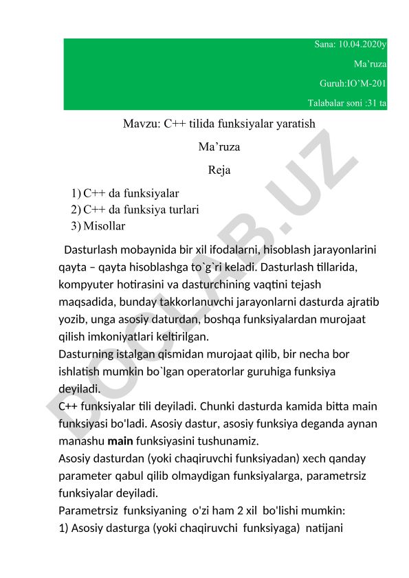 C++ tilida funksiyalar yaratish
