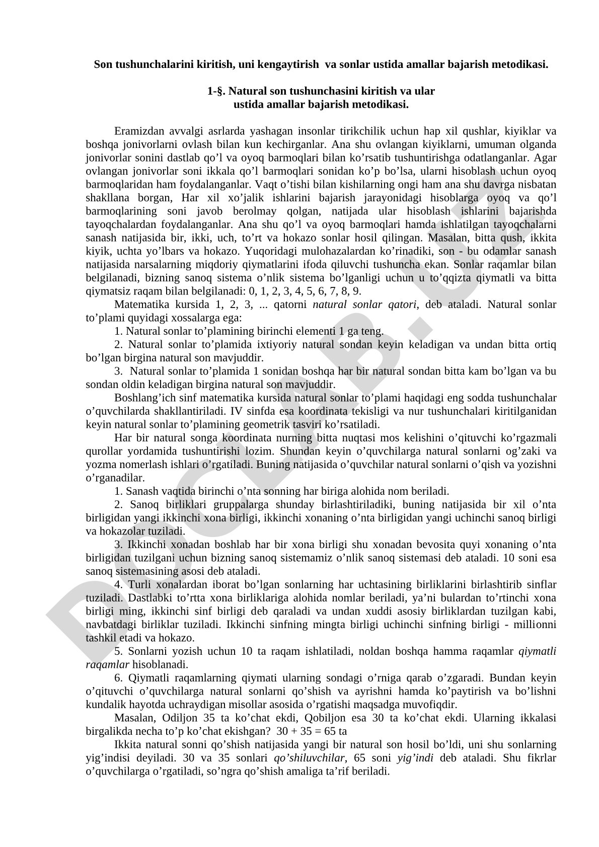 Son tushunchalarini kiritish va ular ustida amallar bajarish metodikasi