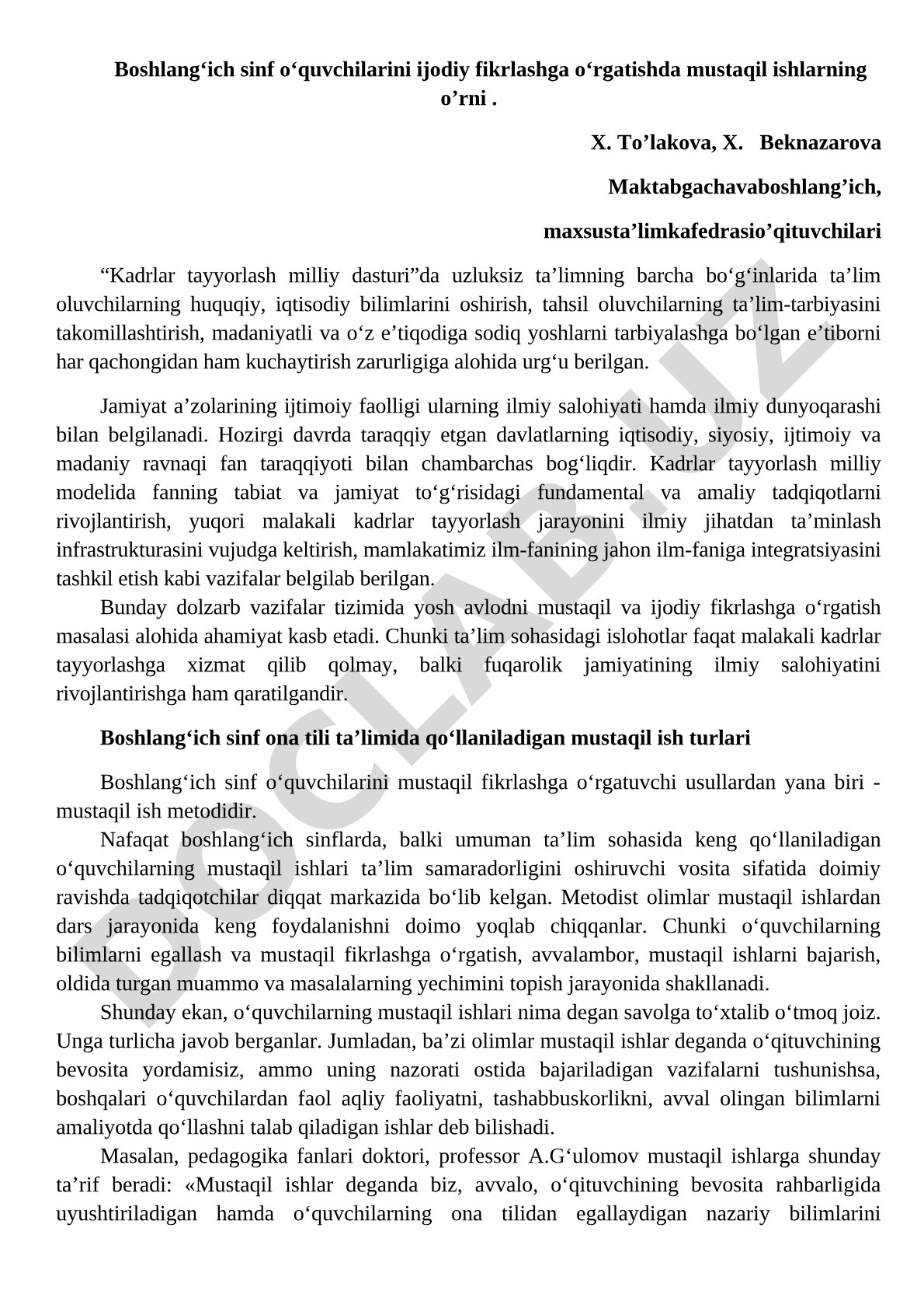 Boshlang‘ich sinf o‘quvchilarini ijodiy fikrlashga o‘rgatishda mustaqil ishlarning o‘rni