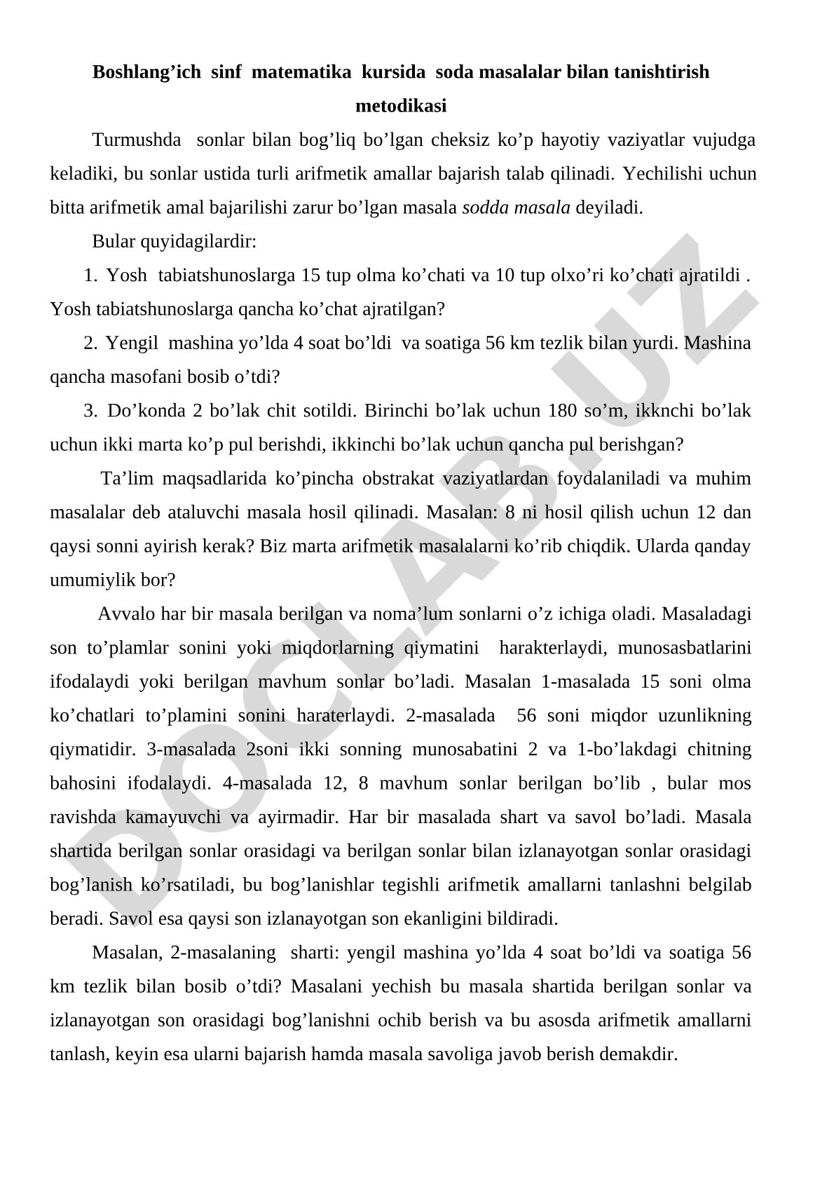 Boshlang'ich sinf matematika kursida soda masalalar bilan tanishtirish metodikasi