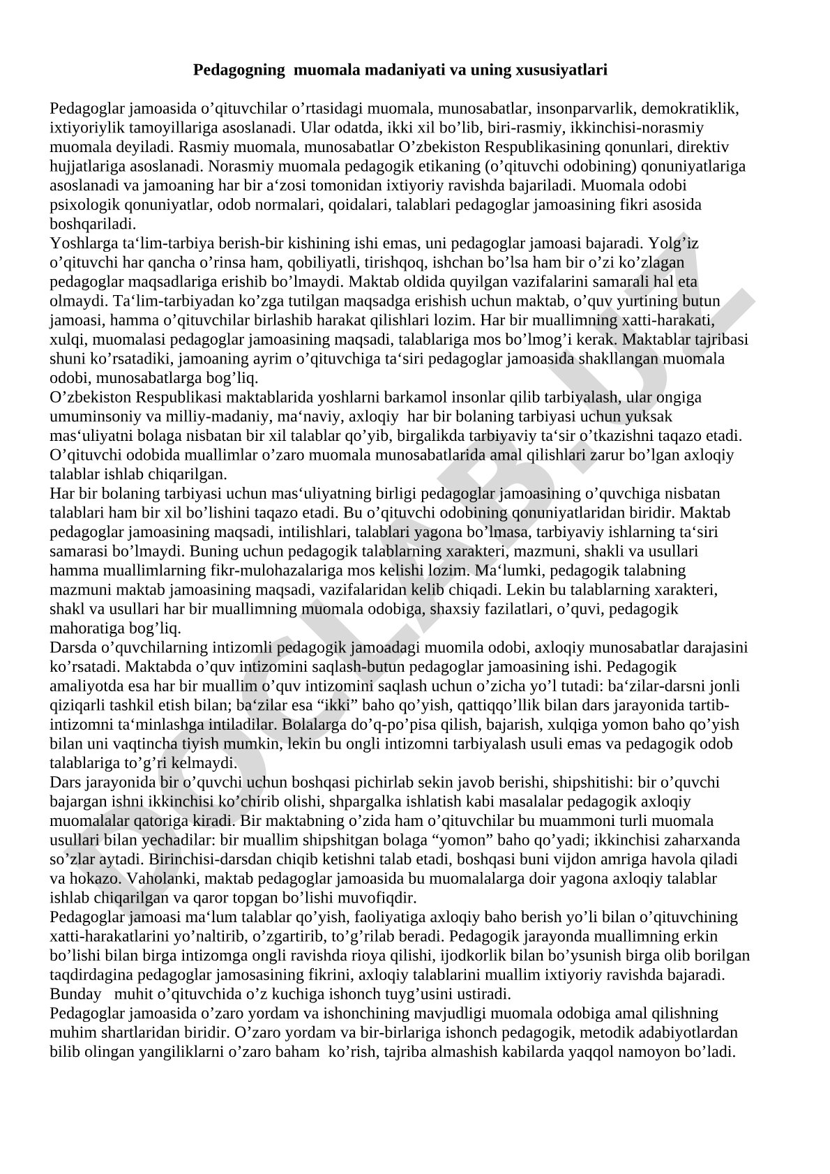 Pedagogning muomala madaniyati va uning xususiyatlari