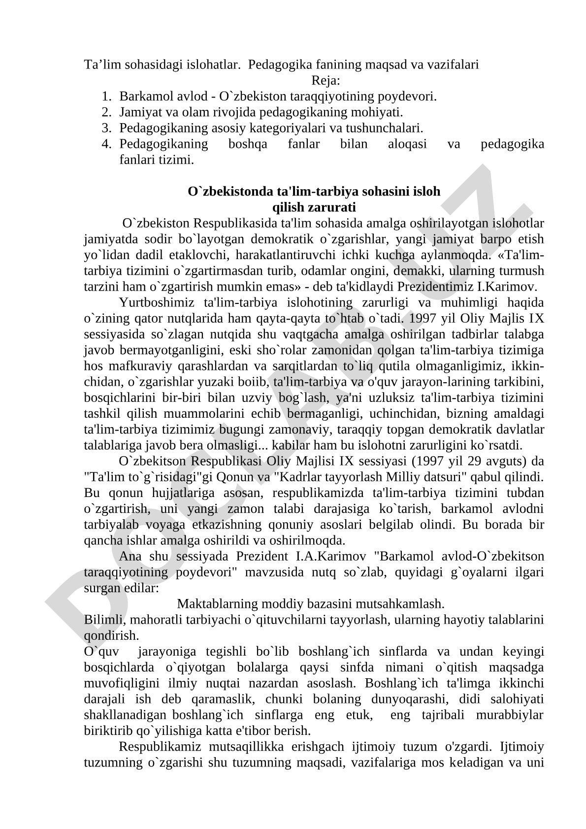 Ta'lim sohasidagi islohatlar. Pedagogika fanining maqsad va vazifalari