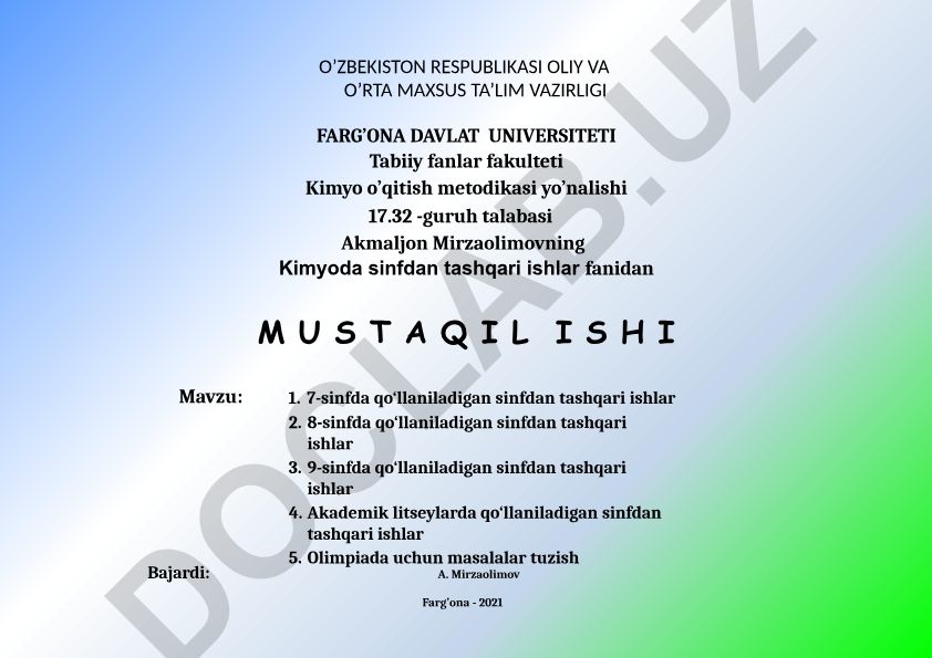 7-9-sinflarda kimyodan sinfdan tashqari ishlar va olimpiada masalalari