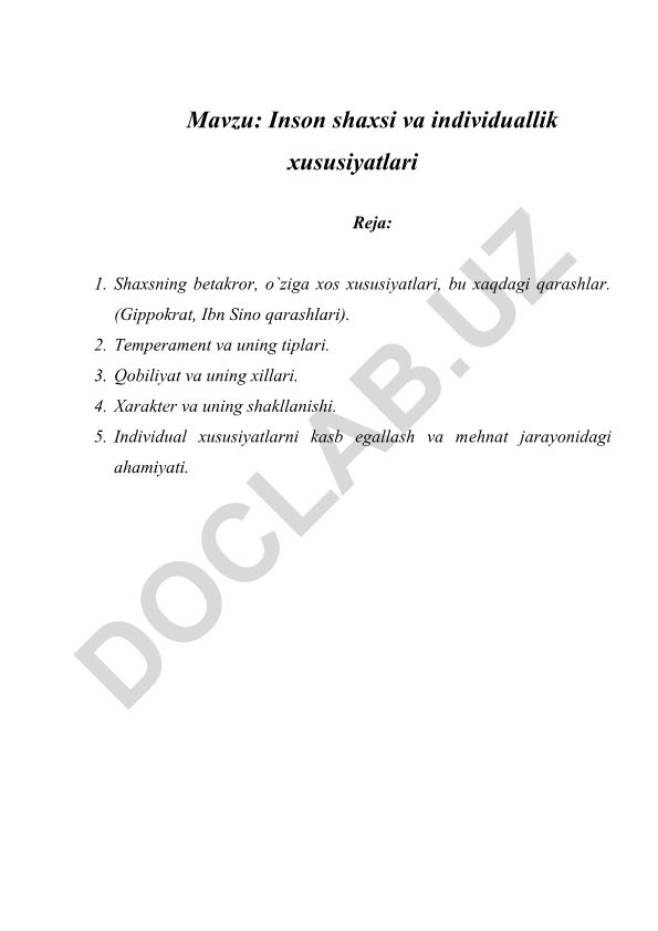 Inson shaxsi va individuallik xususiyatlari