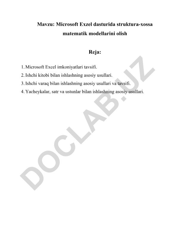 Microsoft Excel dasturida struktura-xossa matematik modellarini olish