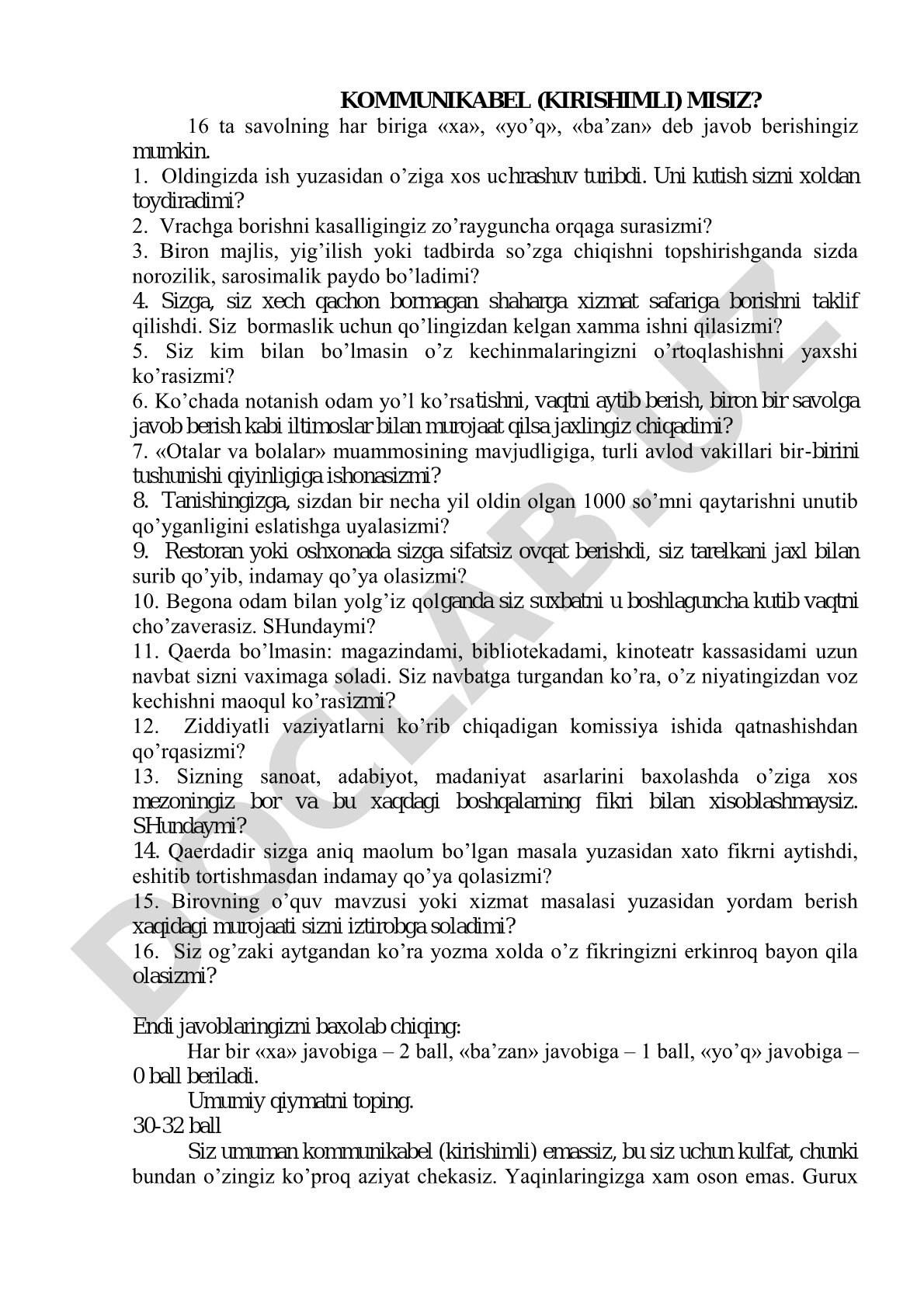 Kommunikabel (kirishimli) misiz? 16 savolli test
