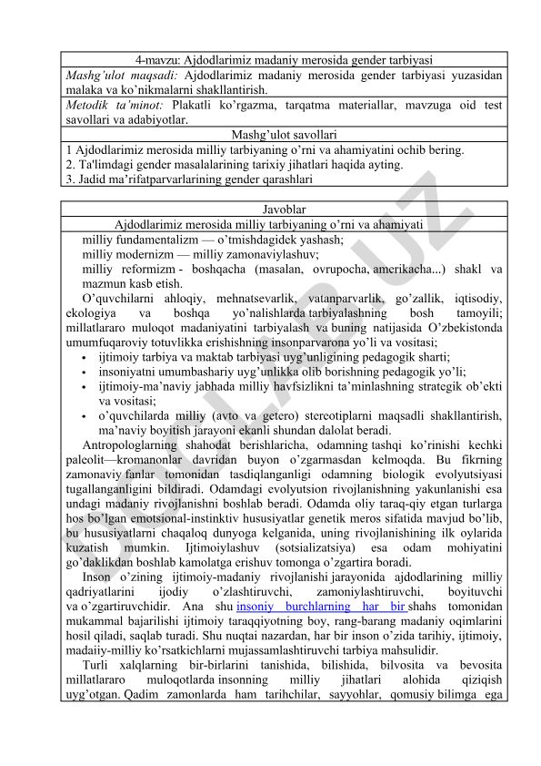 Ajdodlarimiz madaniy merosida gender tarbiyasi