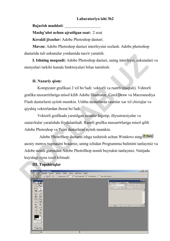 Adobe Photoshop dasturi interfeysini sozlash va tasvir yaratish