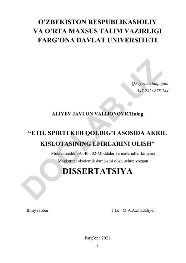 Etil spirti kub qoldig'i asosida akril kislotasining efirlarini olish