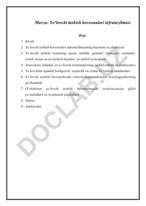 Yo‘lovchi tashish korxonalari infratuzilmasi