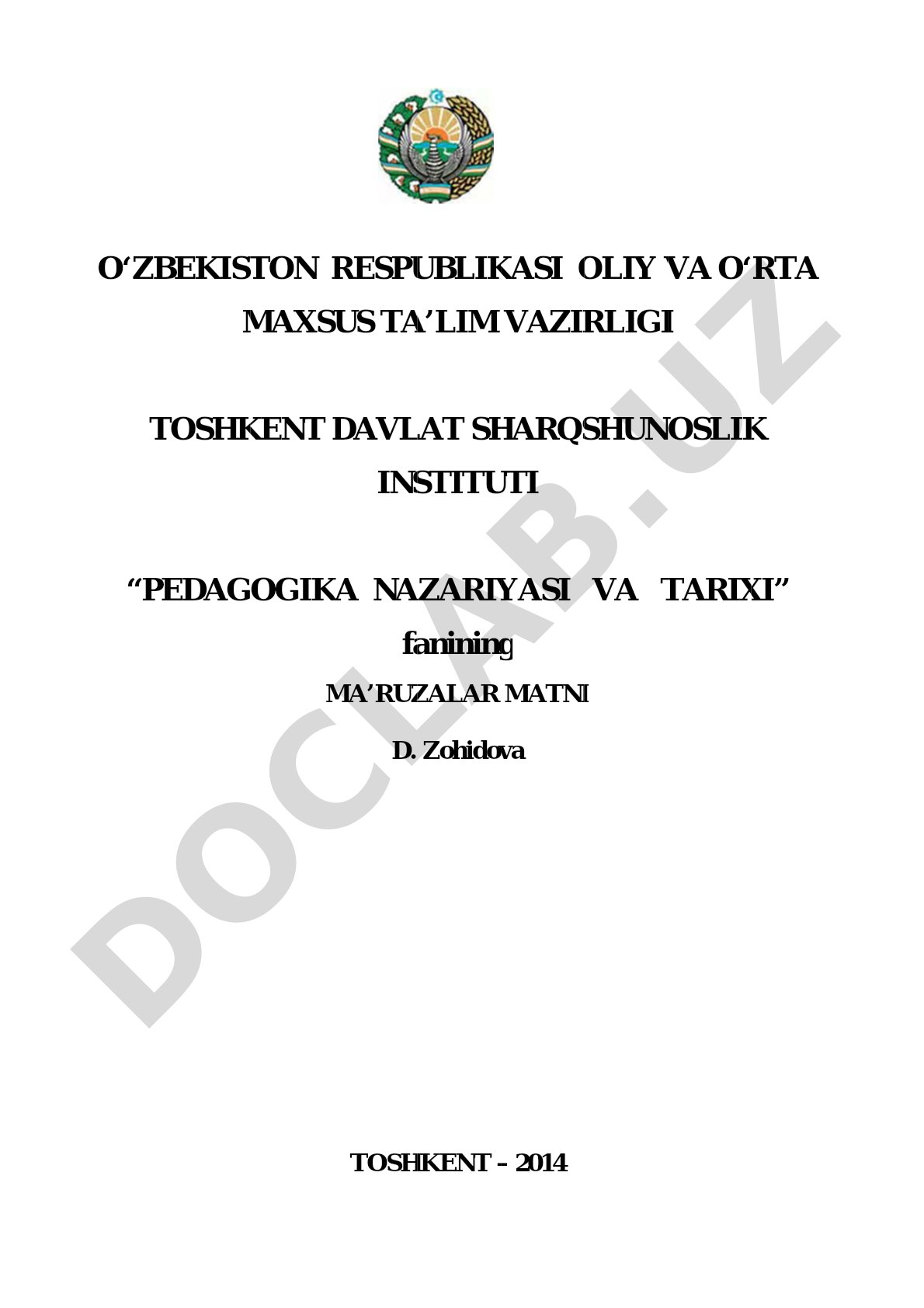 Pedagogika nazariyasi va tarixi fanidan ma'ruzalar matni