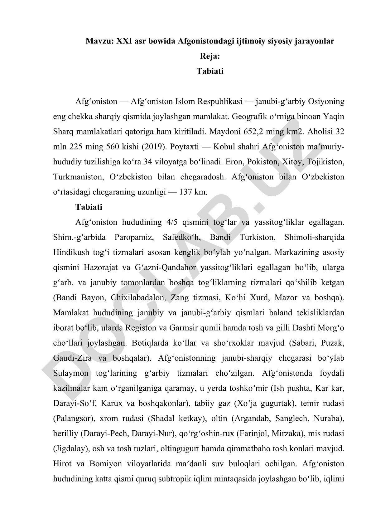 XXI asr bowida Afgonistondagi ijtimoiy siyosiy jarayonlar