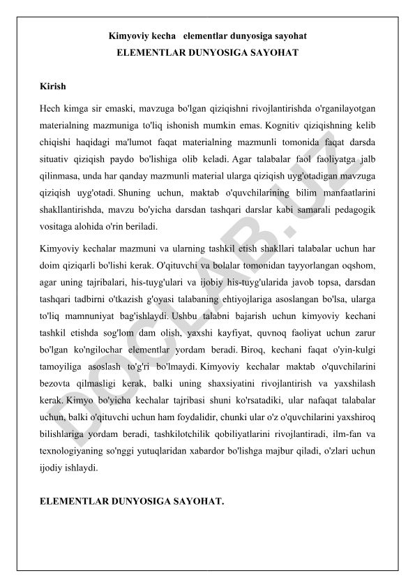 Kimyoviy kecha elementlar dunyosiga sayohat