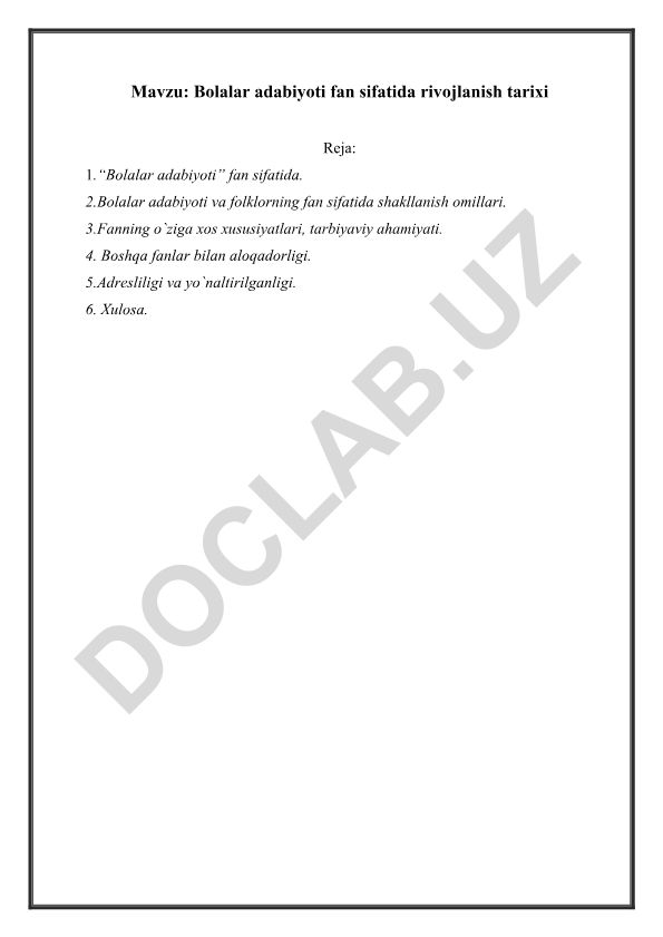 Bolalar adabiyoti fan sifatida rivojlanish tarixi