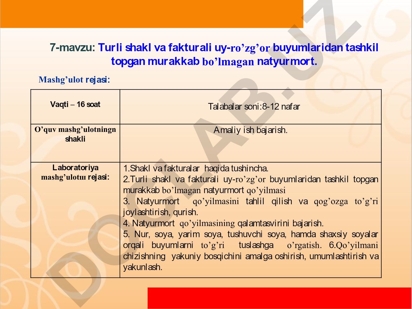 Turli shakl va fakturali uy-ro'zg'or buyumlaridan tashkil topgan murakkab bo'lmagan natyurmort
