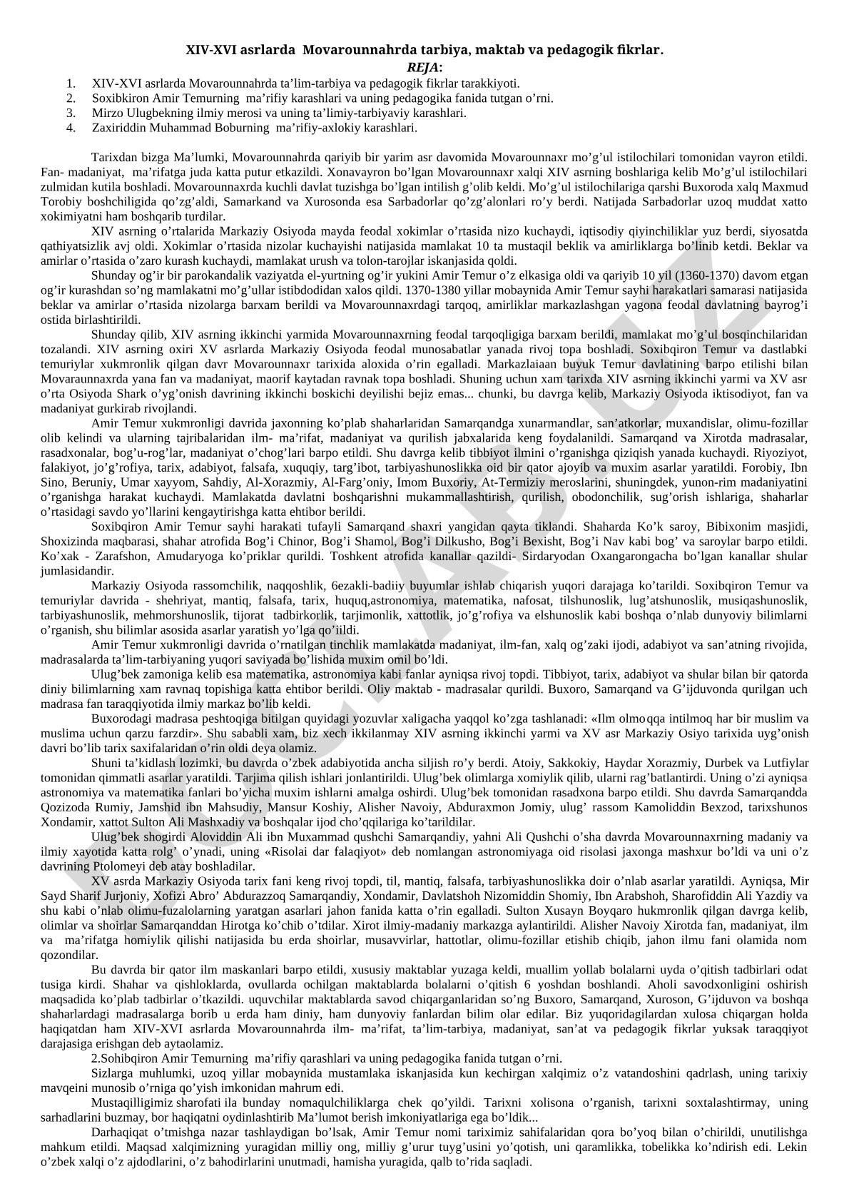 XIV-XVI asrlarda Movarounnahrda tarbiya, maktab va pedagogik fikrlar
