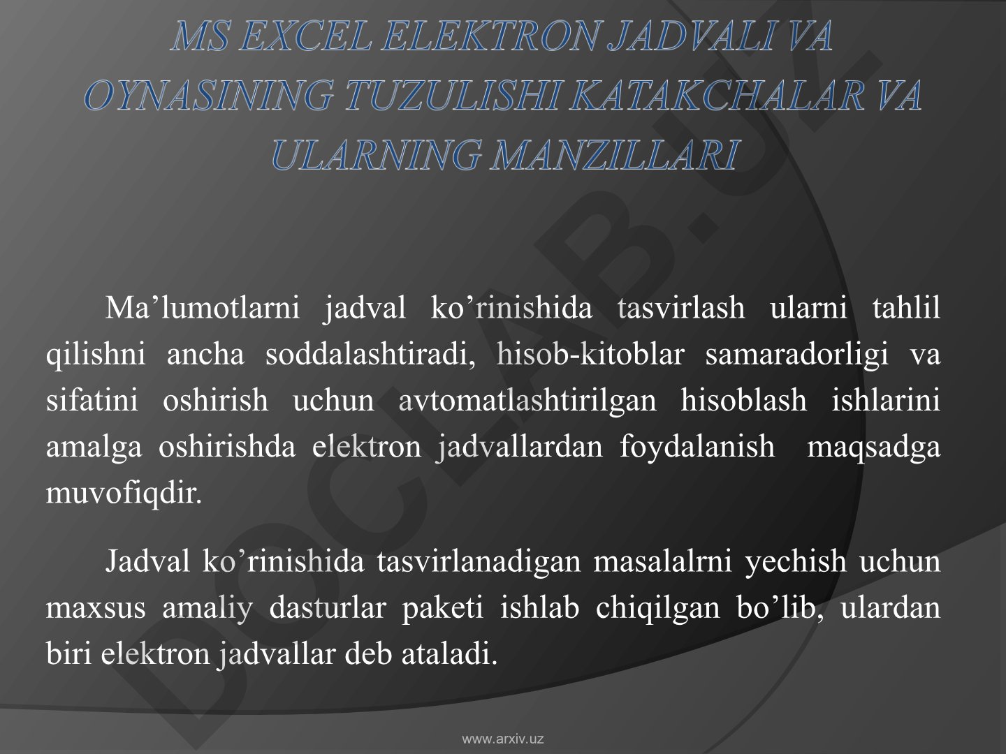 MS Excel elektron jadvali va uning qo'llanilishi