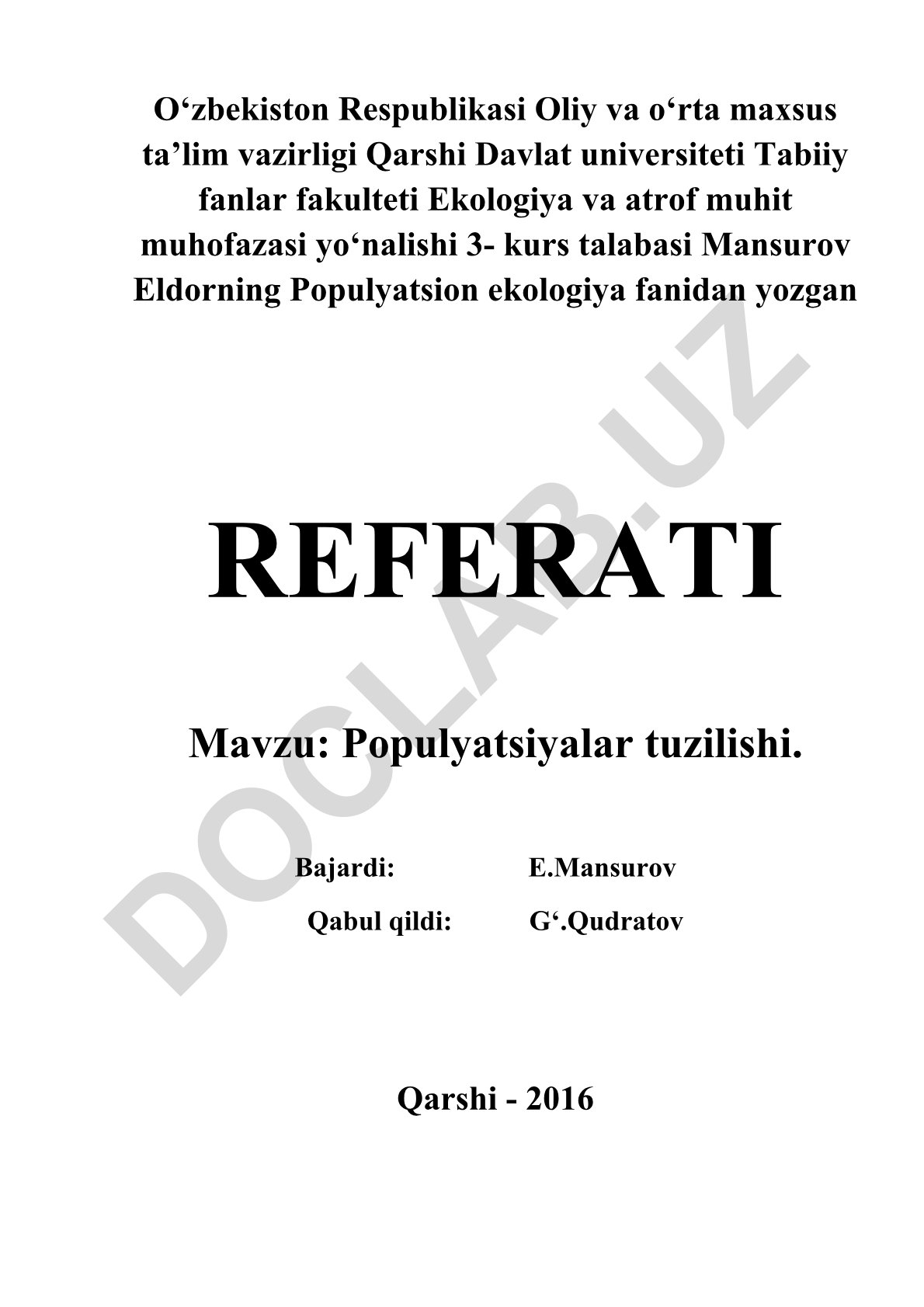 Populyatsiyalar tuzilishi