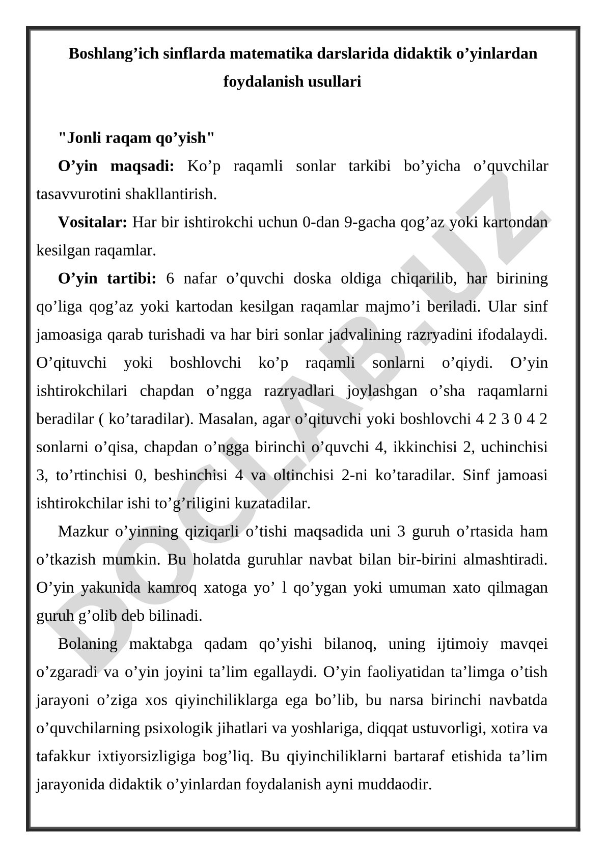 Boshlang'ich sinflarda matematika darslarida didaktik o'yinlardan foydalanish usullari