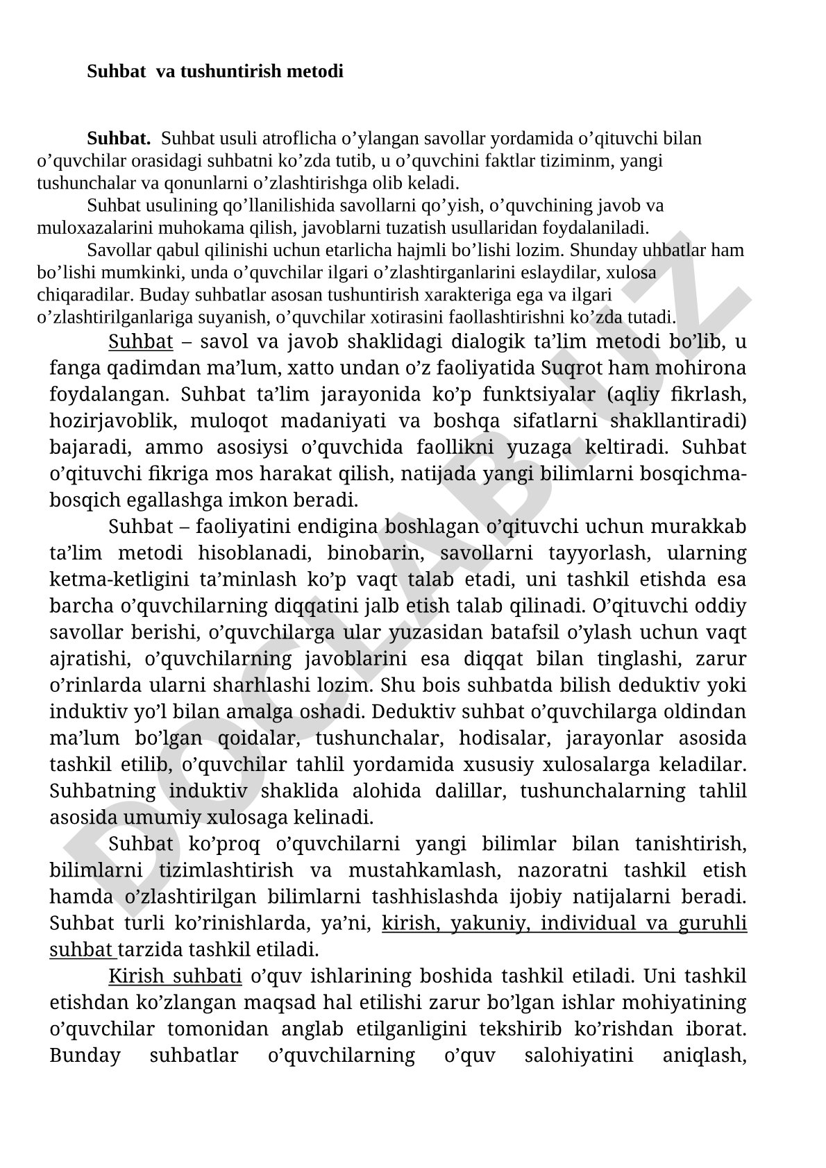Suhbat va tushuntirish metodi