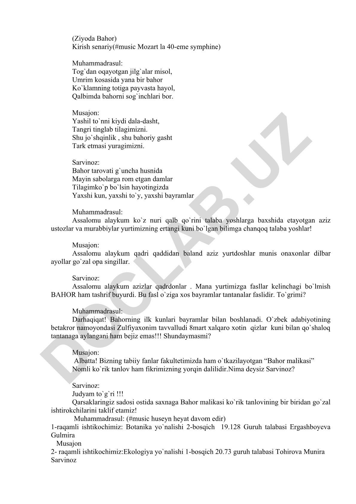 Bahor mavzusidagi adabiy tadbir