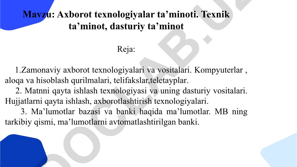 Axborot texnologiyalar ta’minoti: texnik va dasturiy ta’minot