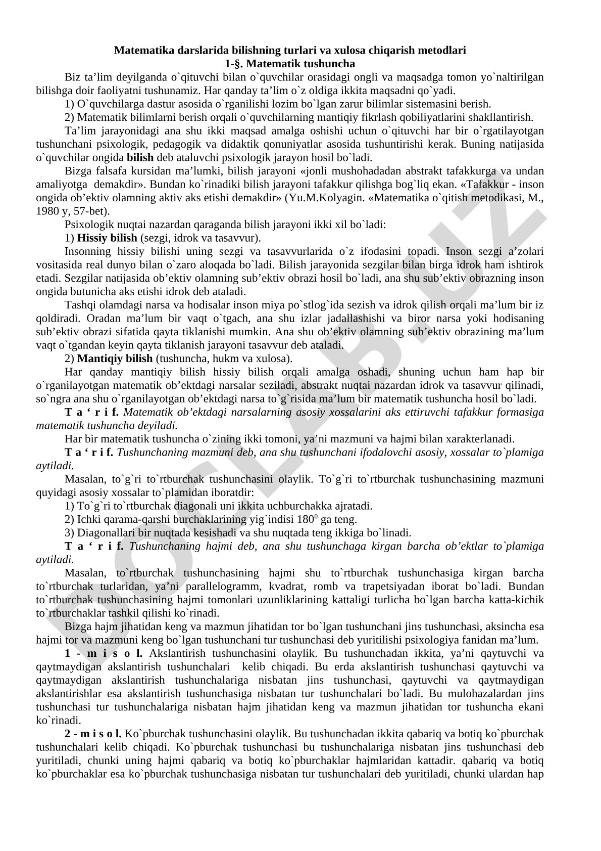 Matematika darslarida bilishning turlari va xulosa chiqarish metodlari