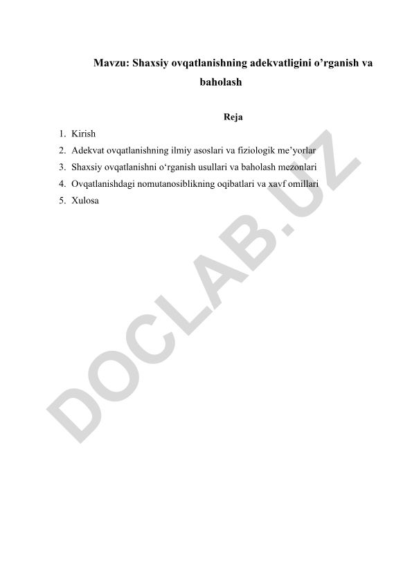 Shaxsiy ovqatlanishning adekvatligini o’rganish va baholash